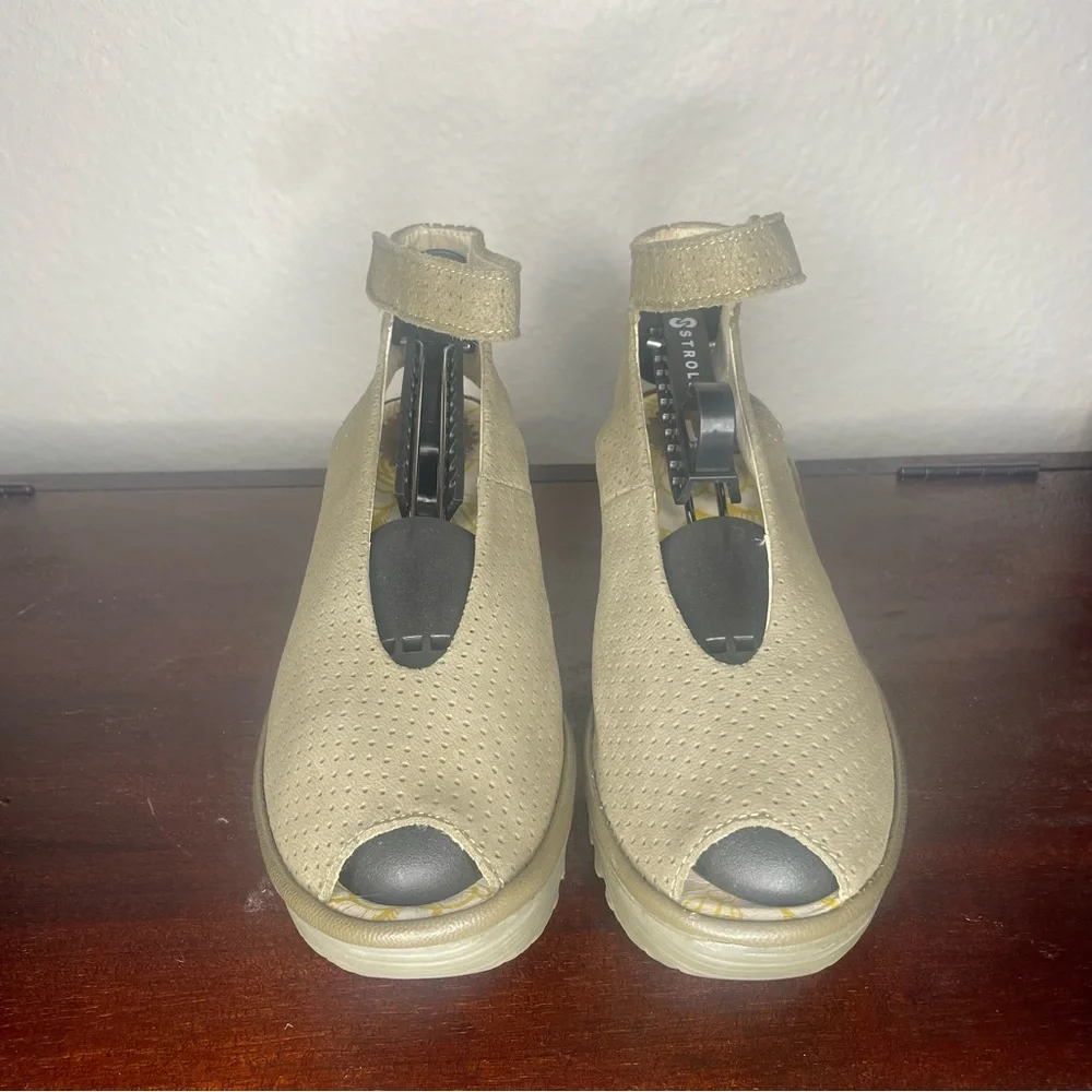 Fly London Beige Perforated Ankle-Strap Wedge Sandals